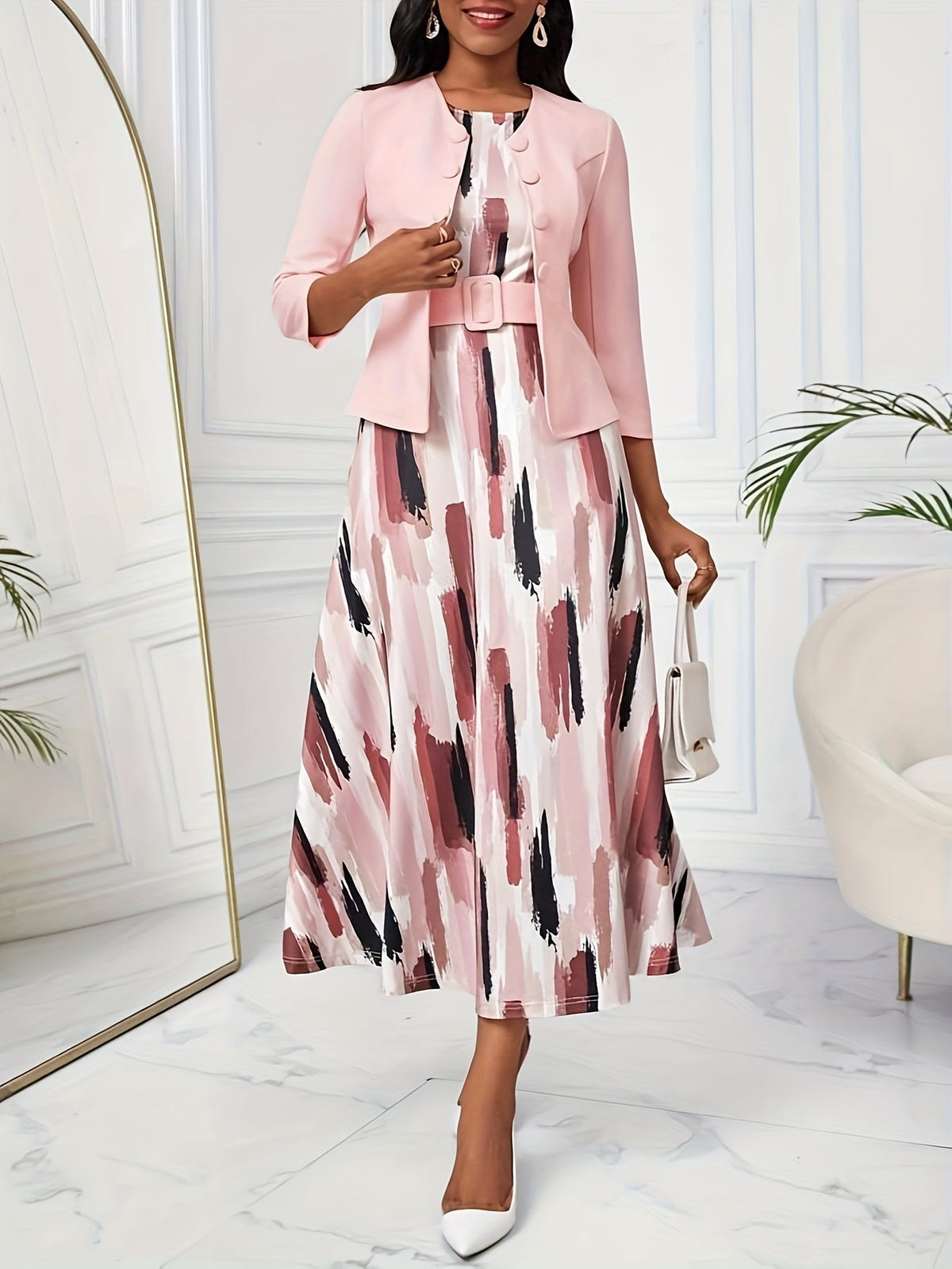 Amelie Lane two-piece set in blush pink brushstroke print, full-length view