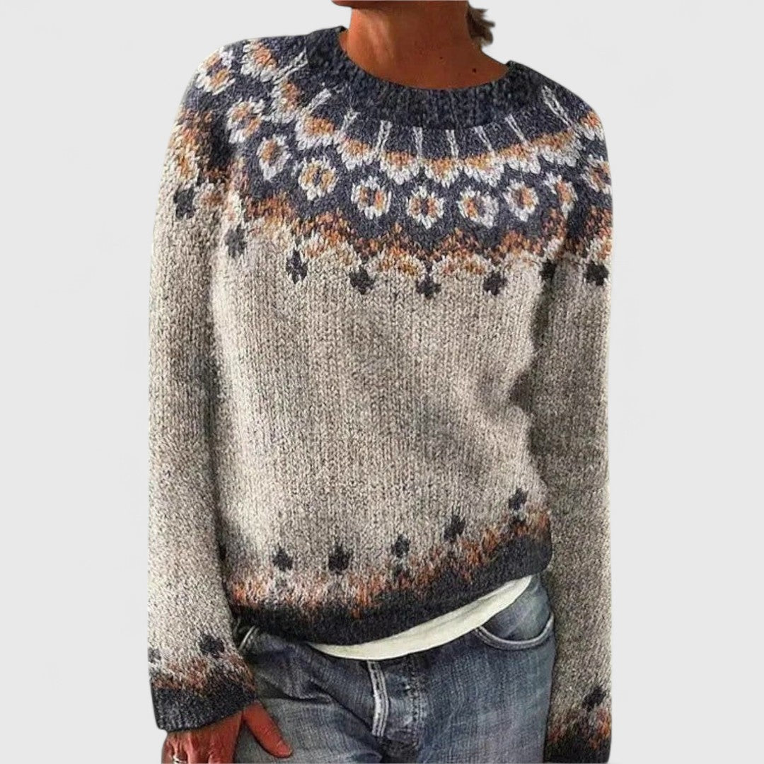 Victoria patterned knit sweater in beige, front view