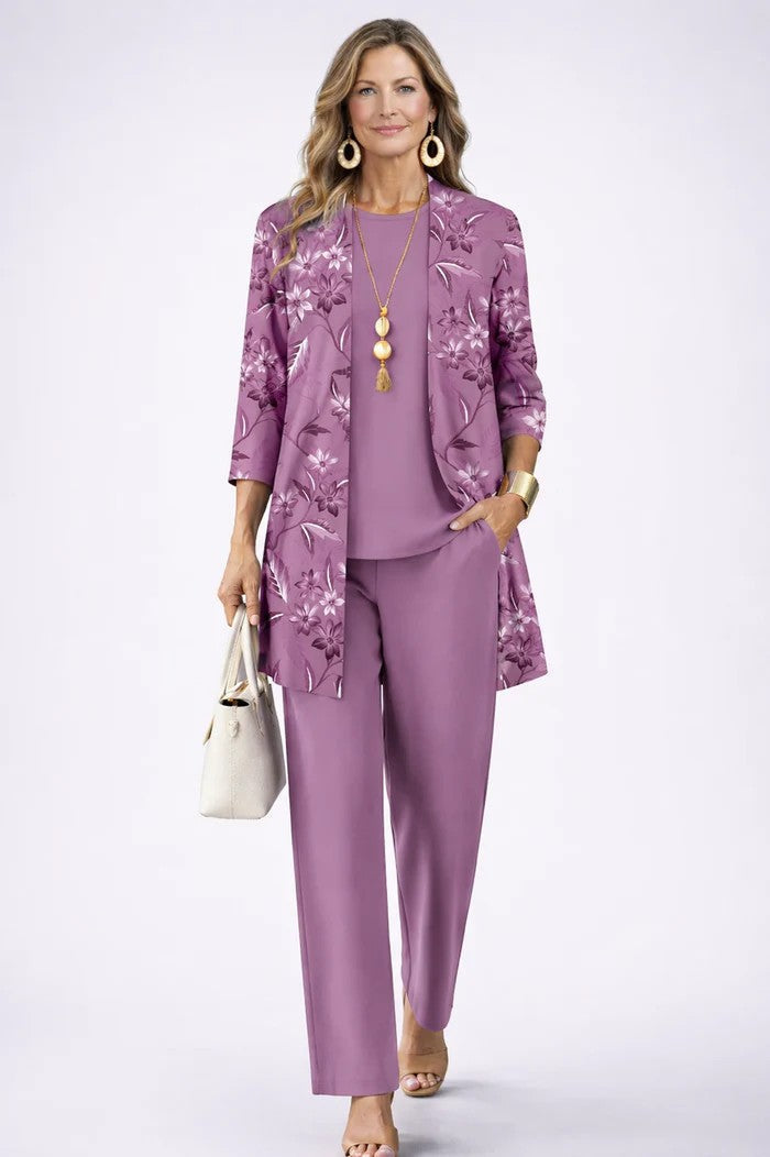 Beatrice three-piece set in dusty purple floral print, full-length front view