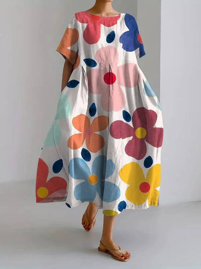 Henrietta summer dress in multicolour floral print on white, full-length front view