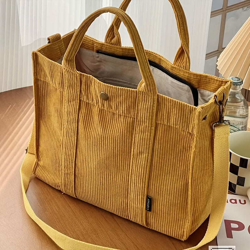 Maribel daily tote bag in mustard corduroy, front view with shoulder strap