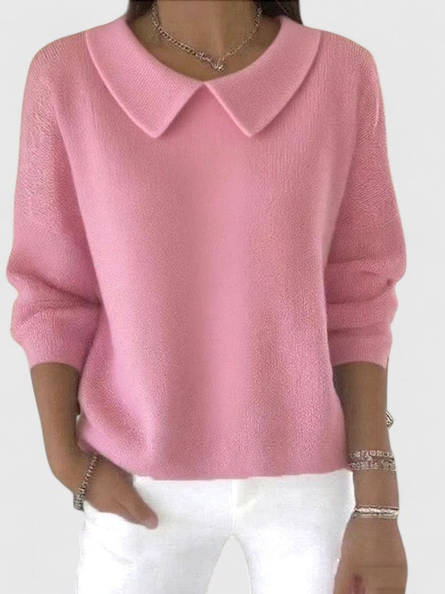Quinn collared knit sweater in pink, front view worn with white trousers