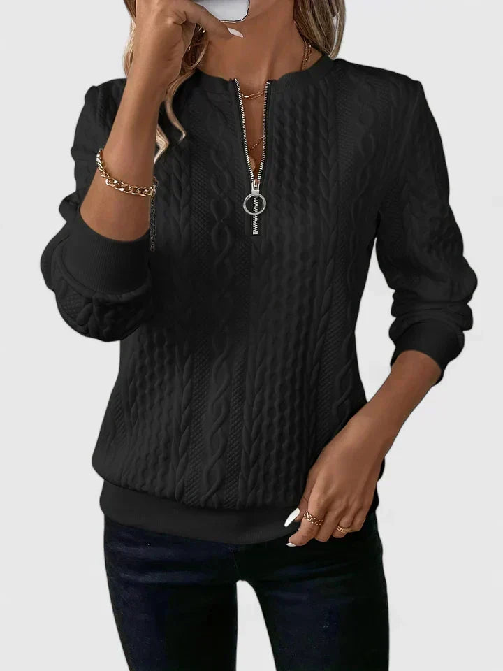 Ara textured zip-neck sweater in black, front view worn by model