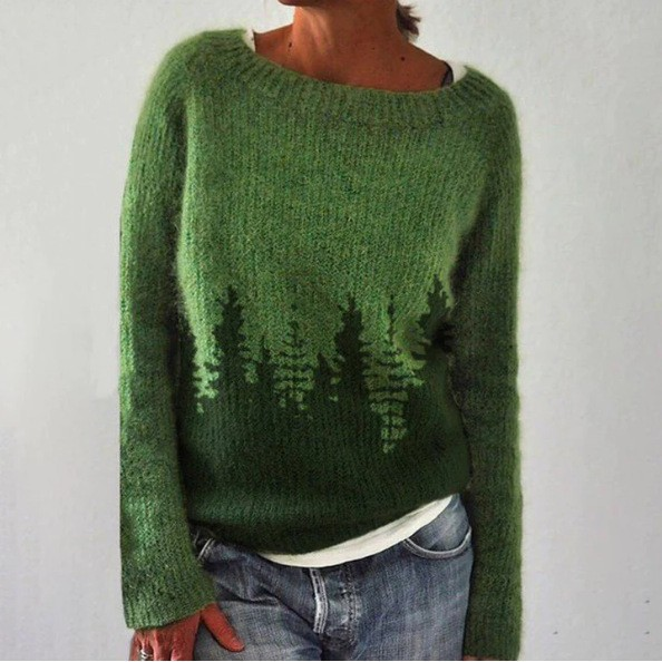 Brooklyn retro Scandinavian knitted sweater in green with forest pattern, front view