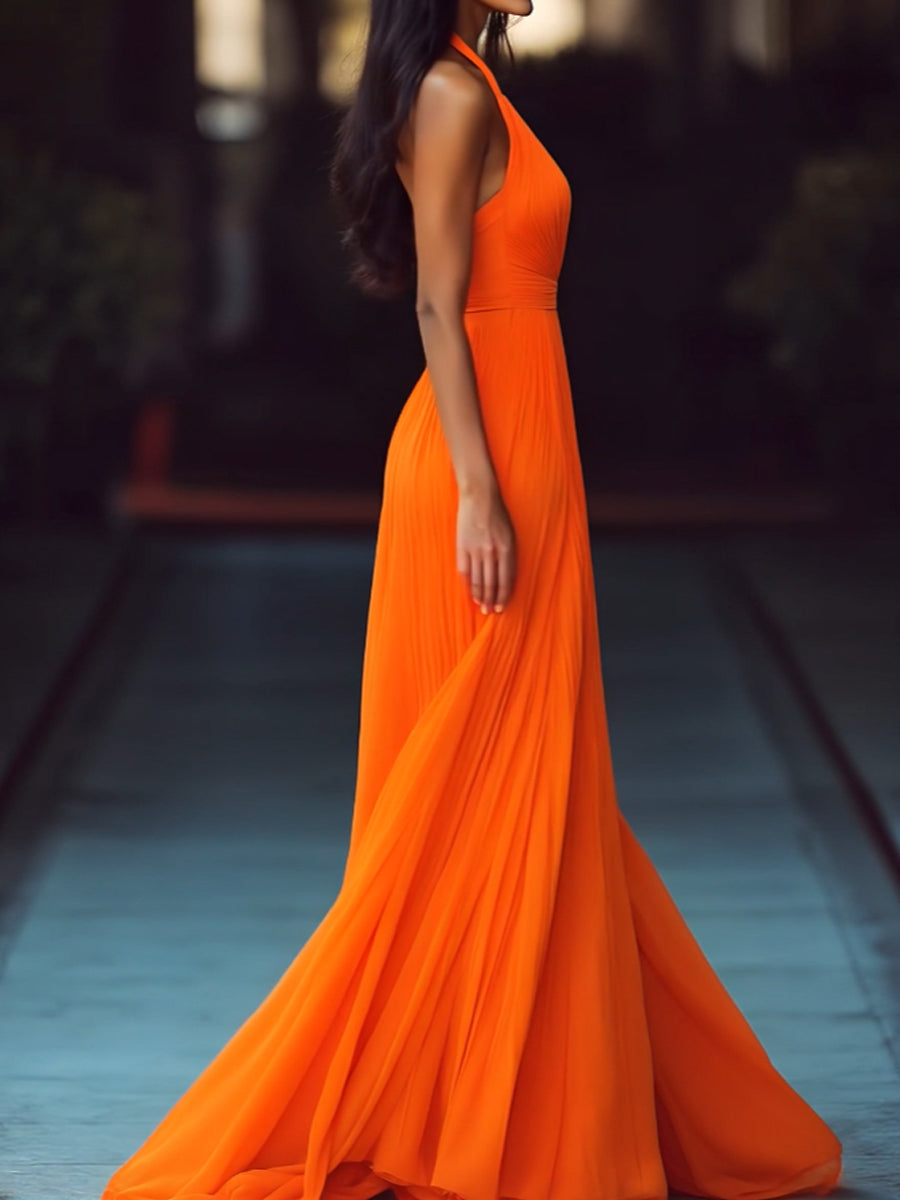 Vesperina halter maxi dress in orange, side view