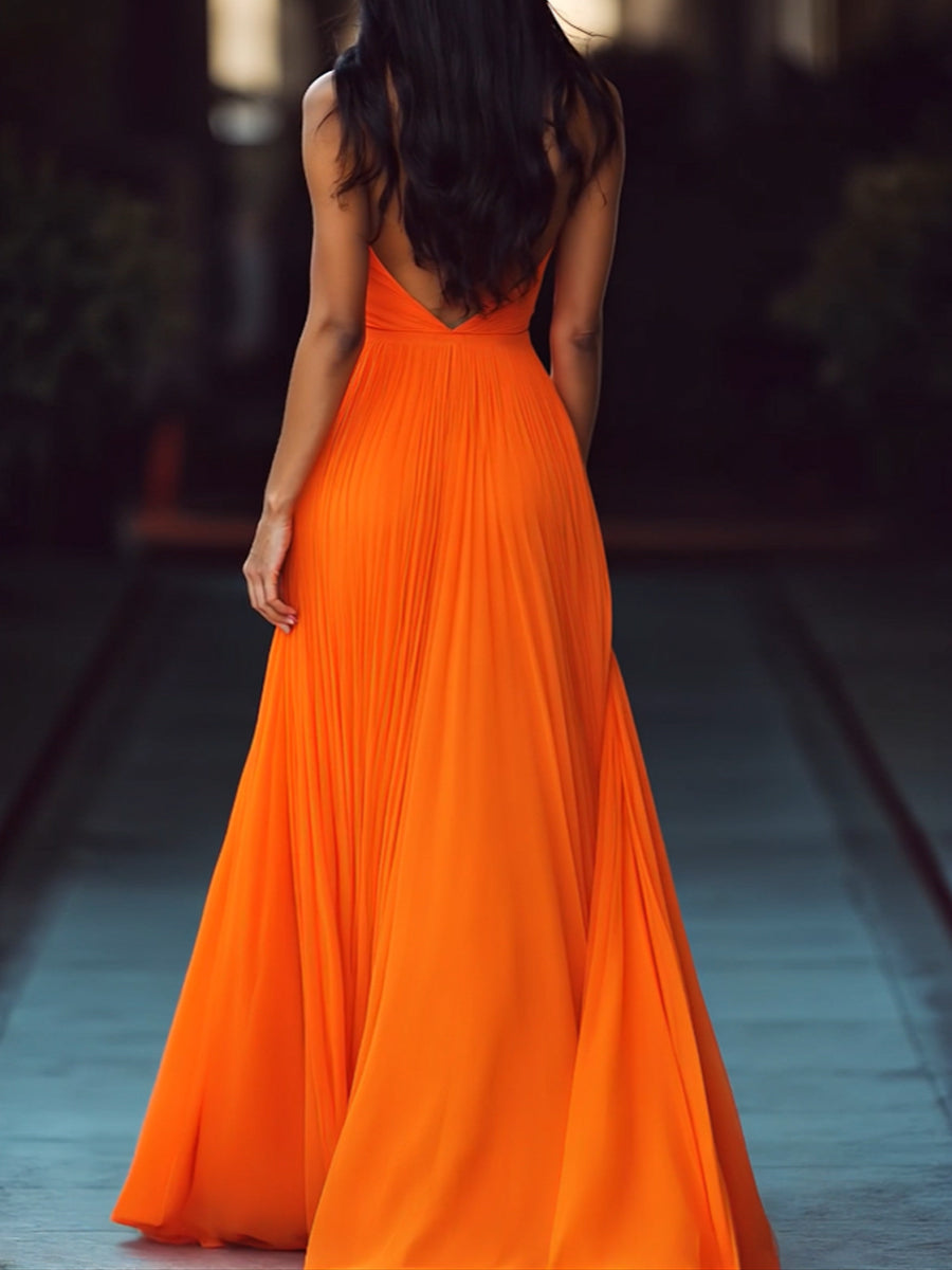 Vesperina halter maxi dress in orange, open back view