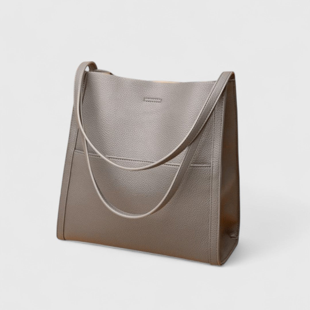 Elegant shoulder tote in grey, three-quarter front view