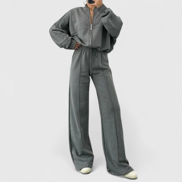 Olyverrah zip sweater and wide-leg trousers in grey, front view