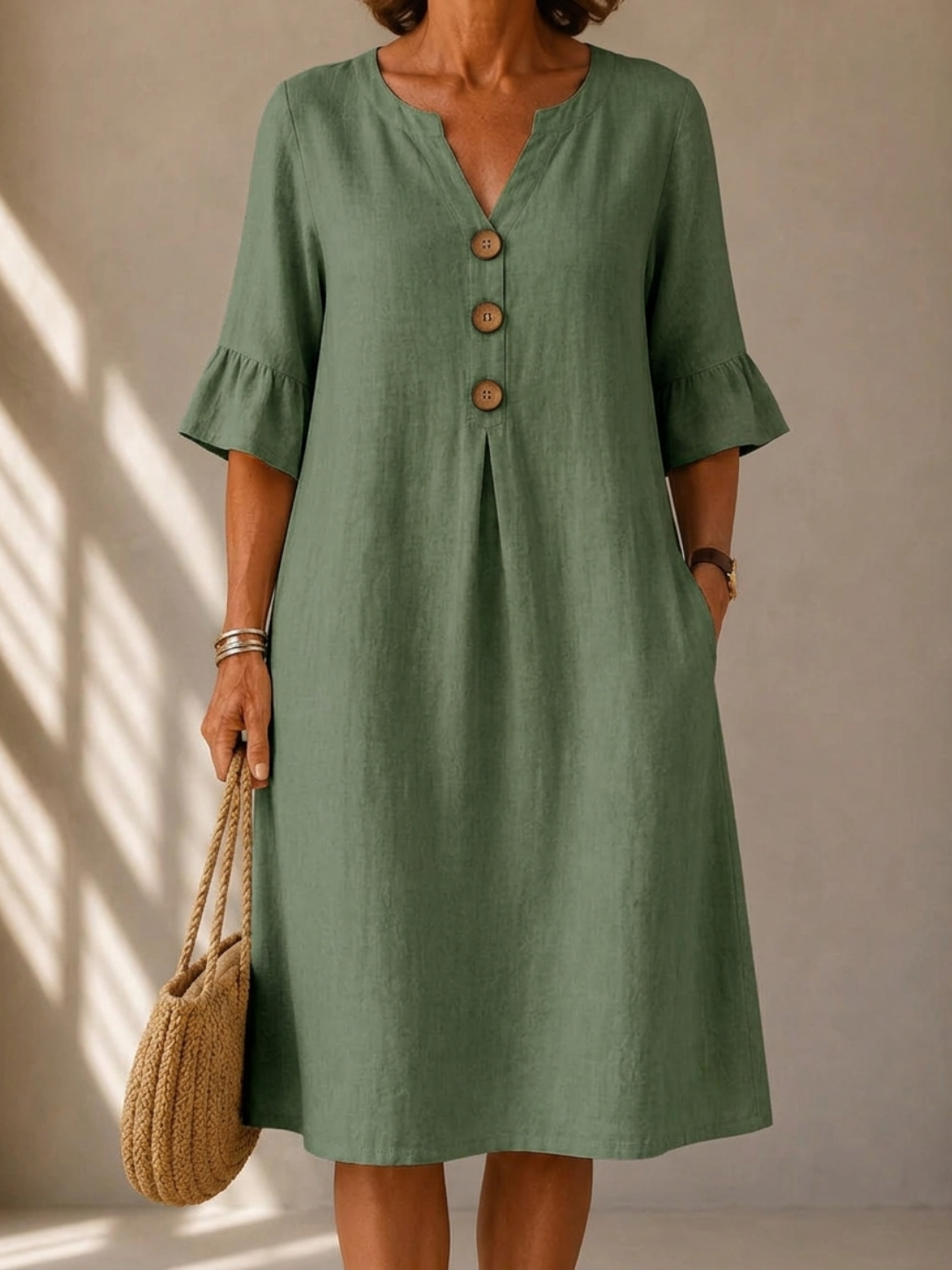 Charlotte buttoned gathered-front dress in olive green, front view