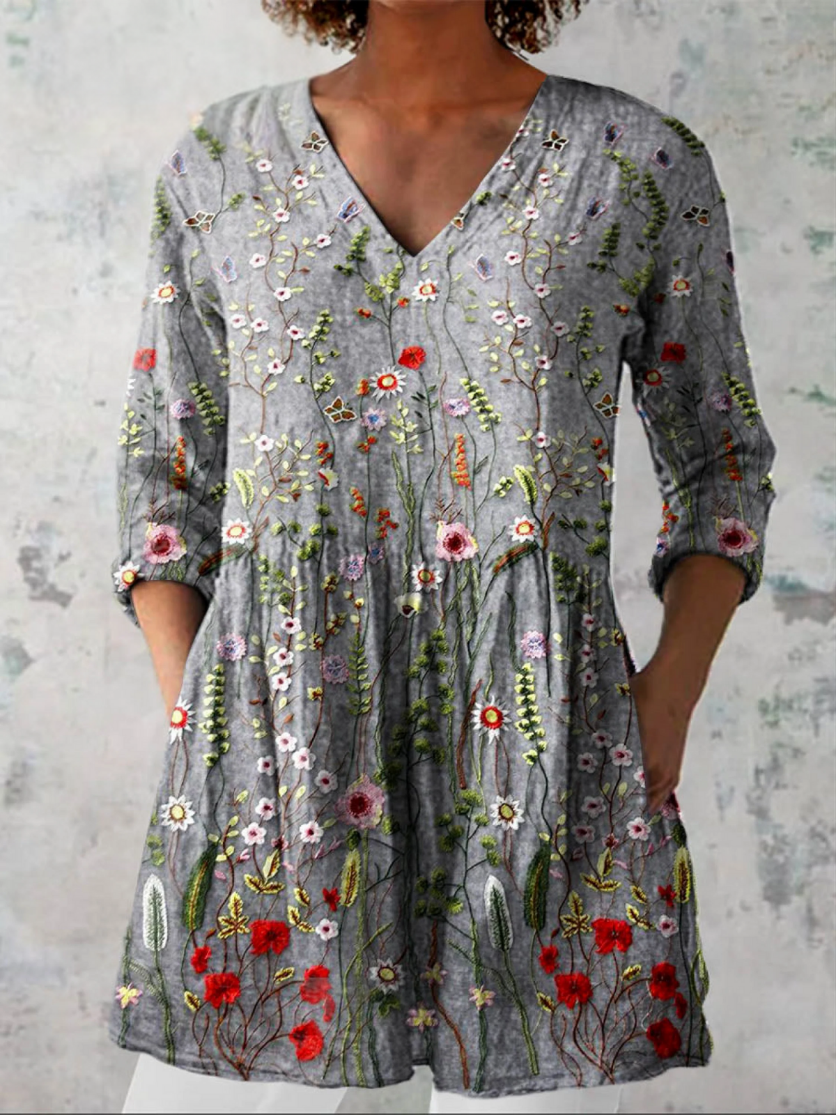 Amelie long V-neck blouse in grey with wildflower print, front view