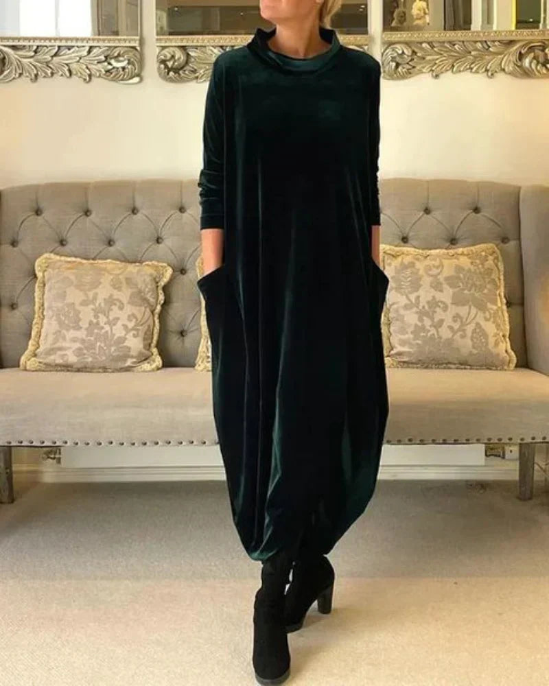 Hera velvet-feel turtleneck dress in dark green, full-length front view