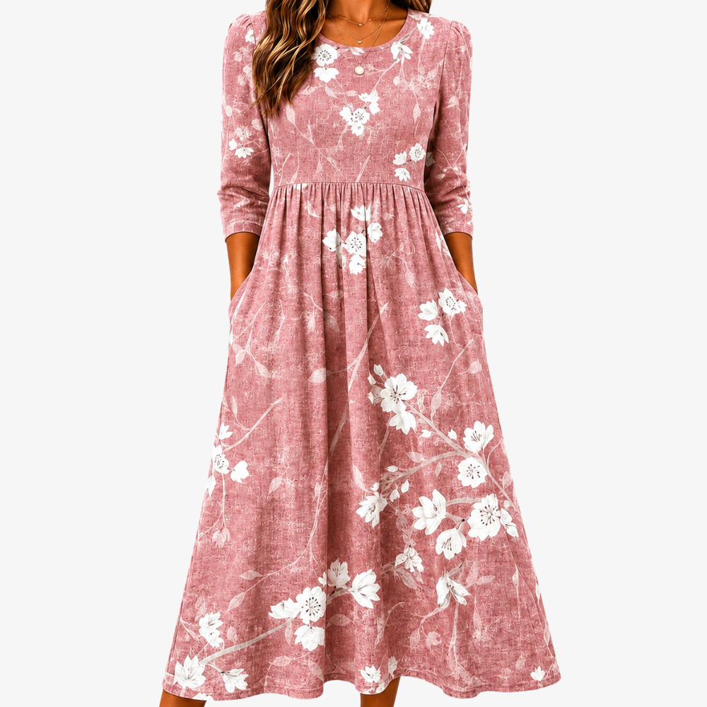 Blush pink floral midi dress with pockets, front view