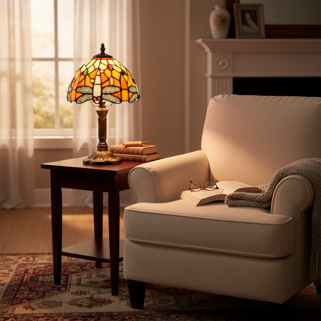Dragonfly lamp glowing on a side table beside a cream armchair