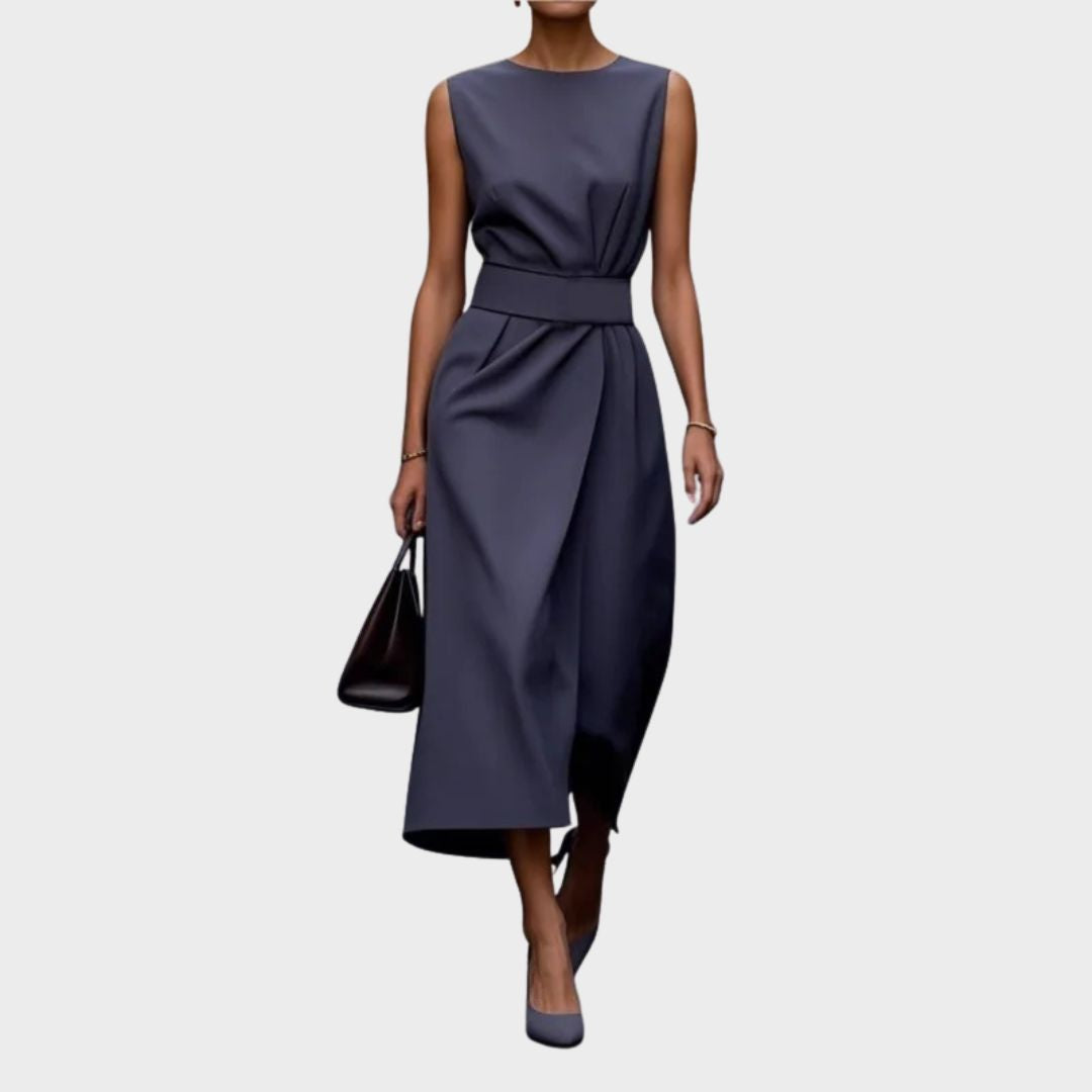 Clarimond round neck dress in gray, full-length front view