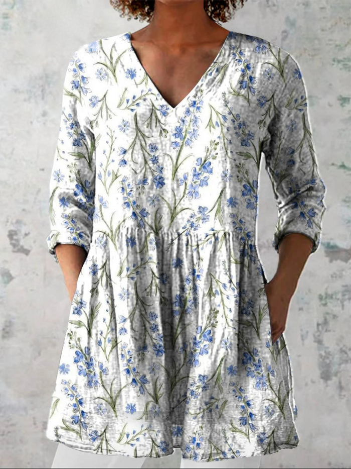 Jeanne long V-neck blouse in white with blue floral print, front view