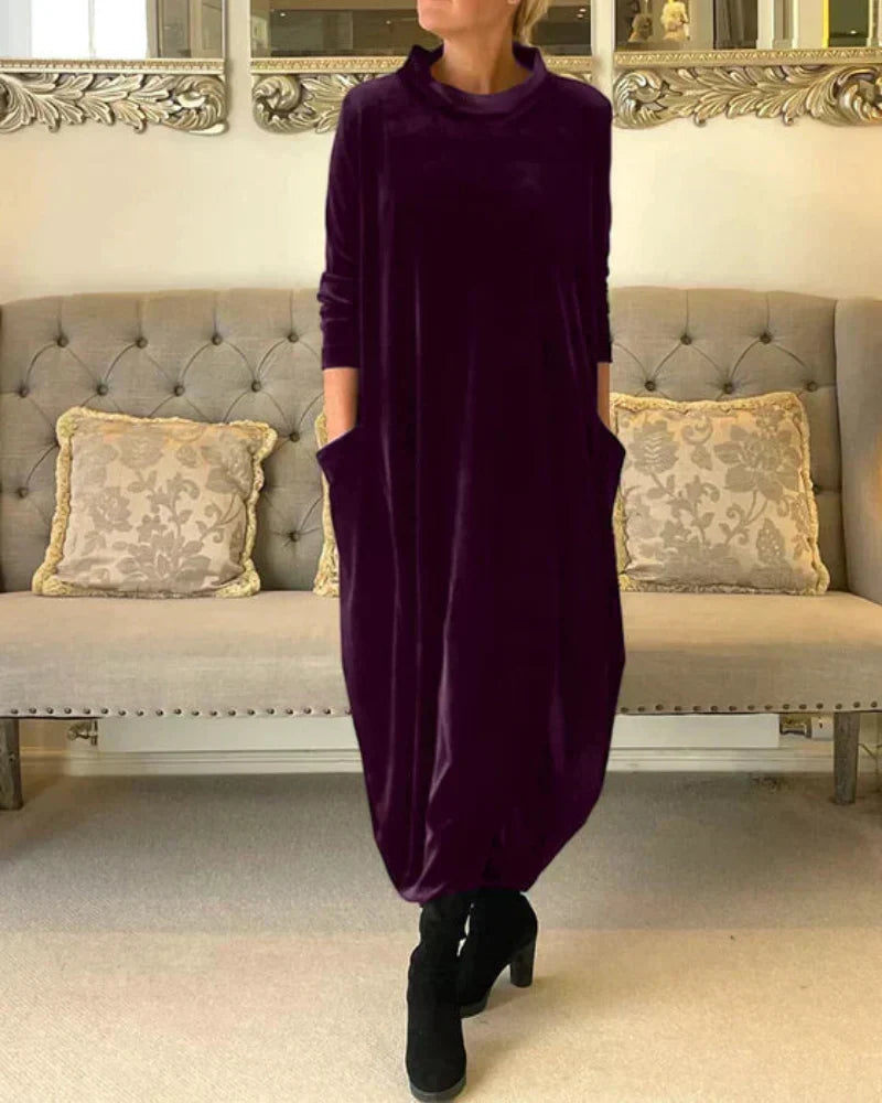 Hera velvet-feel turtleneck dress in purple, full-length front view