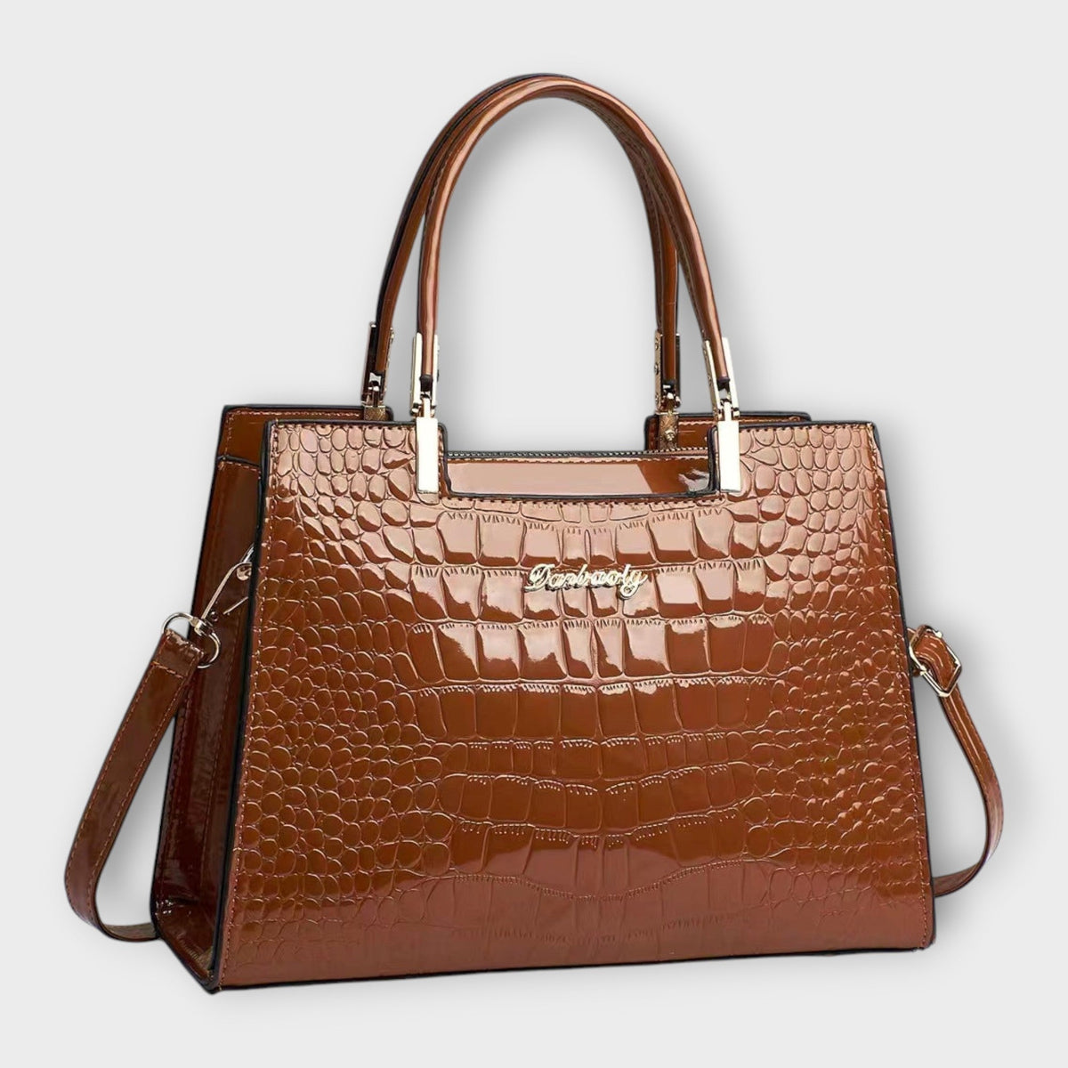 Maison Verdelle croc-effect handbag in brown, front three-quarter view