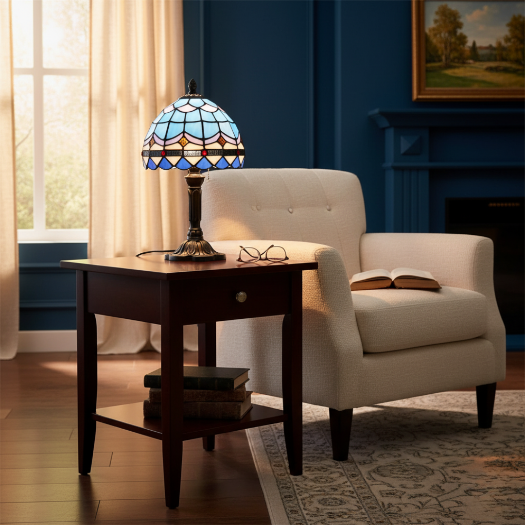 Frozen Night stained-glass lamp lit on a side table in a blue living room