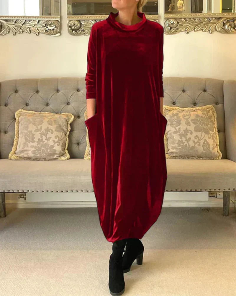 Hera velvet-feel turtleneck dress in blood red, full-length front view