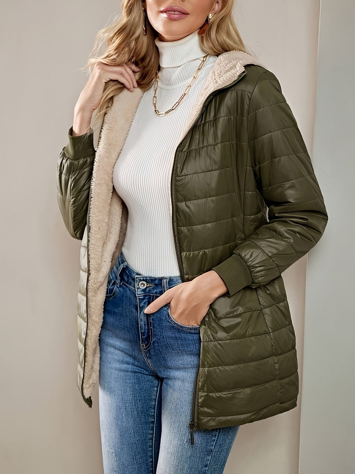 Lunera waterproof quilted jacket in military green, front view with hood