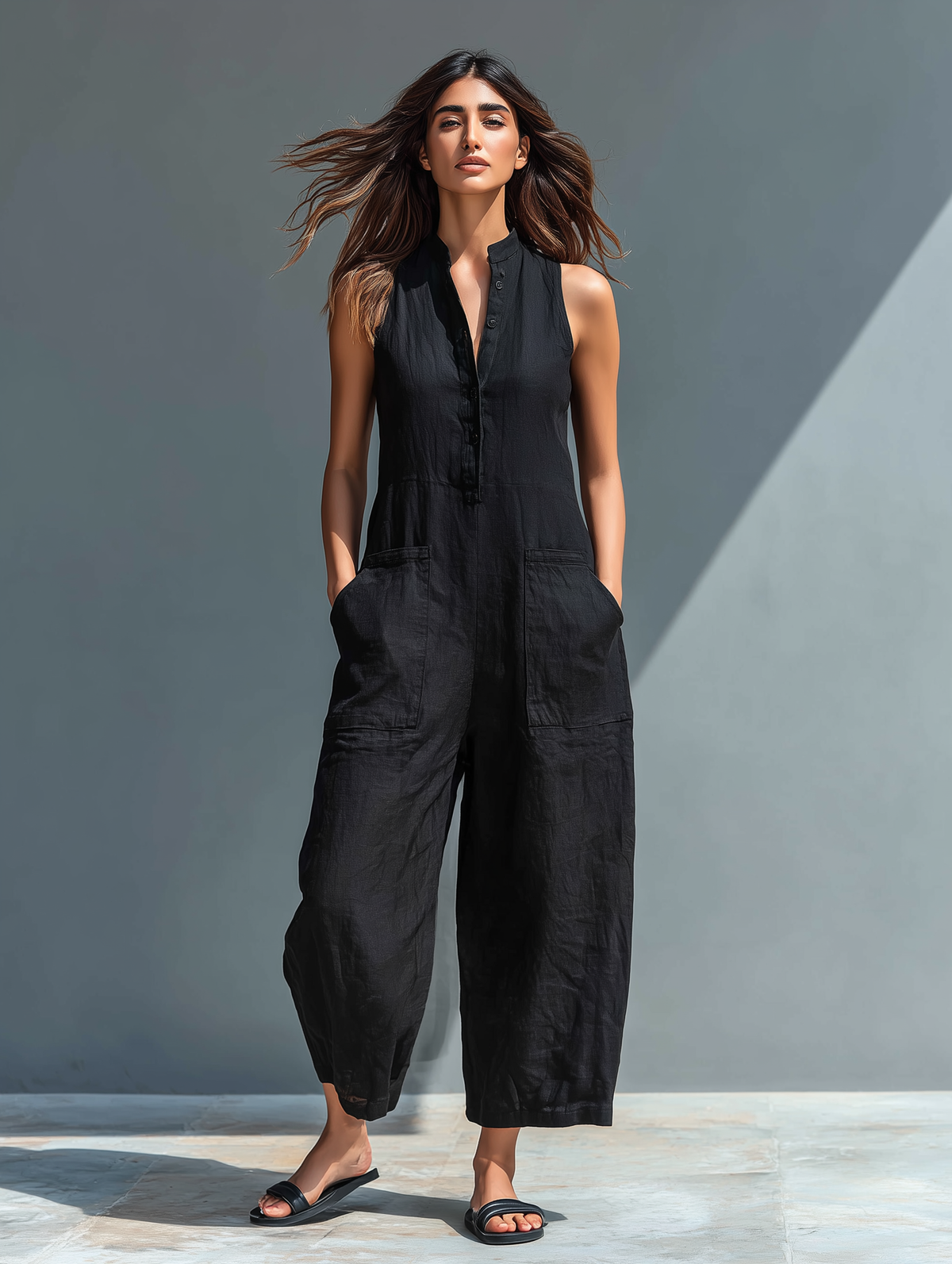 Teresa sleeveless jumpsuit in black, full front view with wide legs