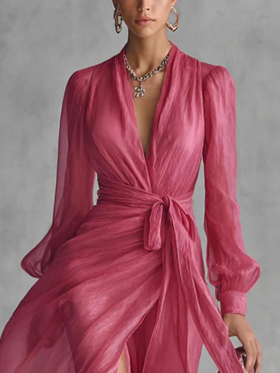 Gloria maxi dress in rose pink, close-up of V-neckline and waist tie