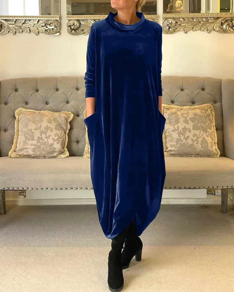 Hera velvet-feel turtleneck dress in navy blue, full-length front view