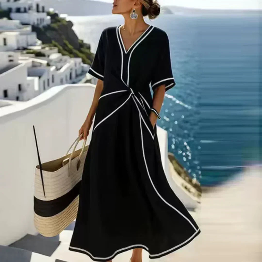 Freya everyday maxi dress in black with white piping, front view