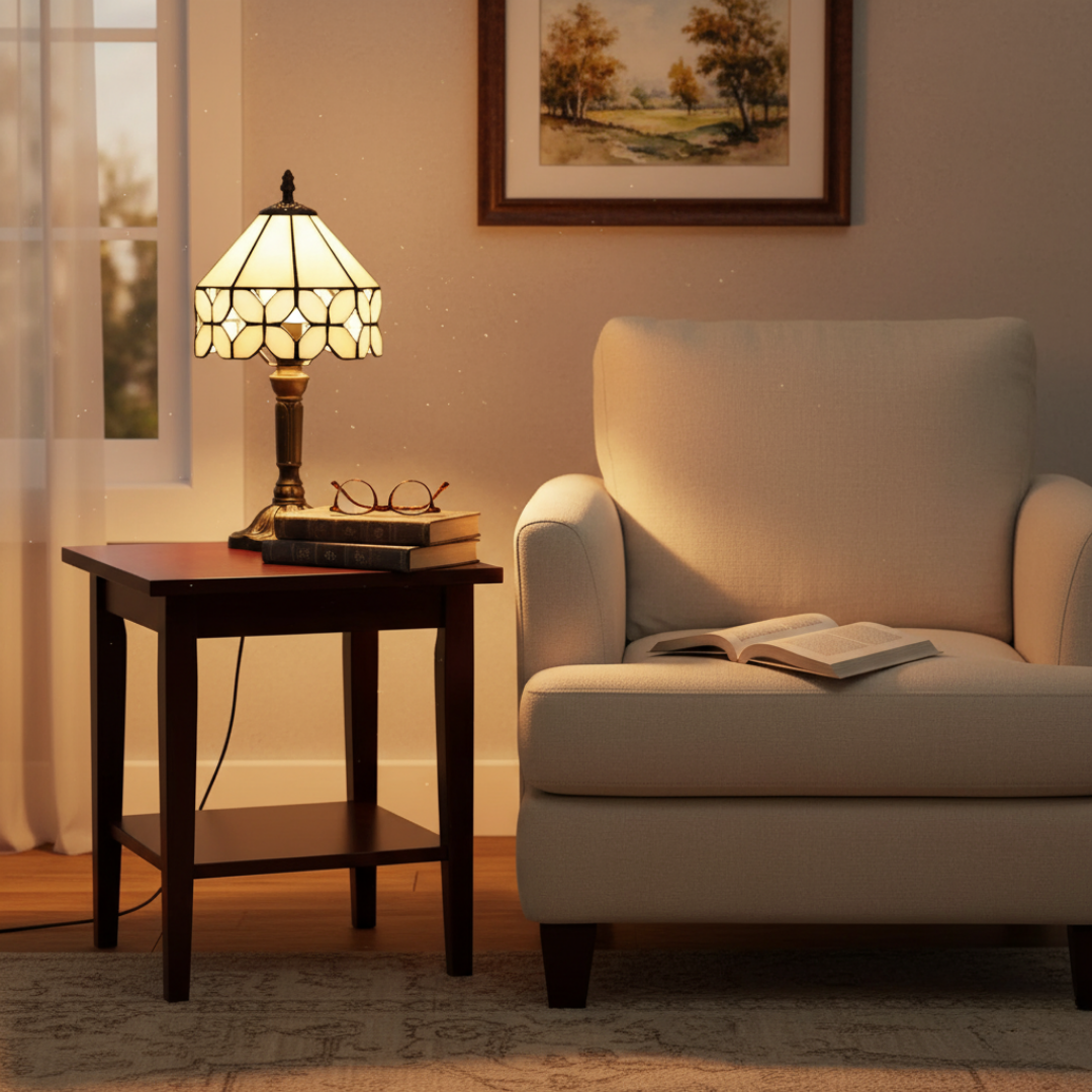 Osaka stained-glass lamp glowing on a side table beside a cream reading chair
