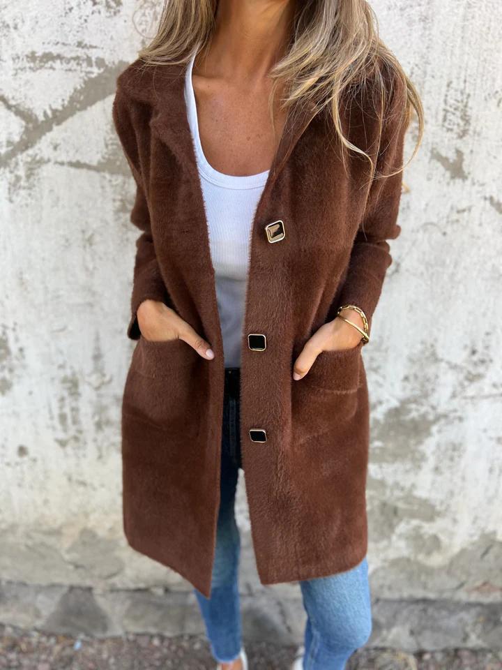 Morwenna long button coat in brown, front view with square buttons
