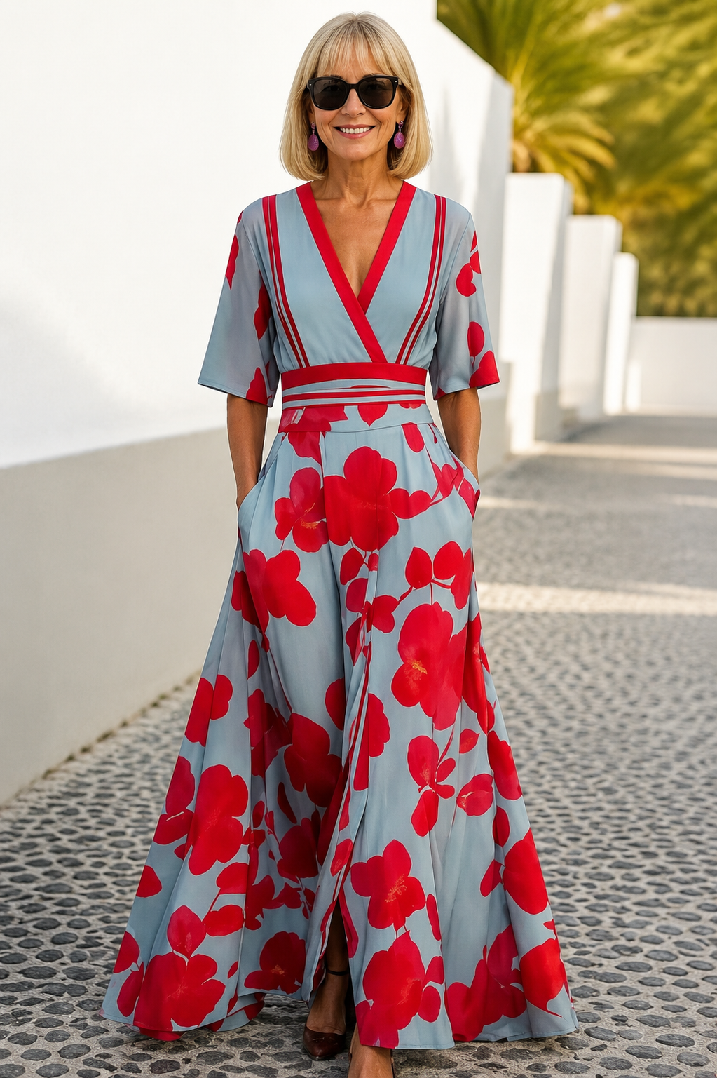 Candice elegant spring dress in blue with red florals, full-length front view