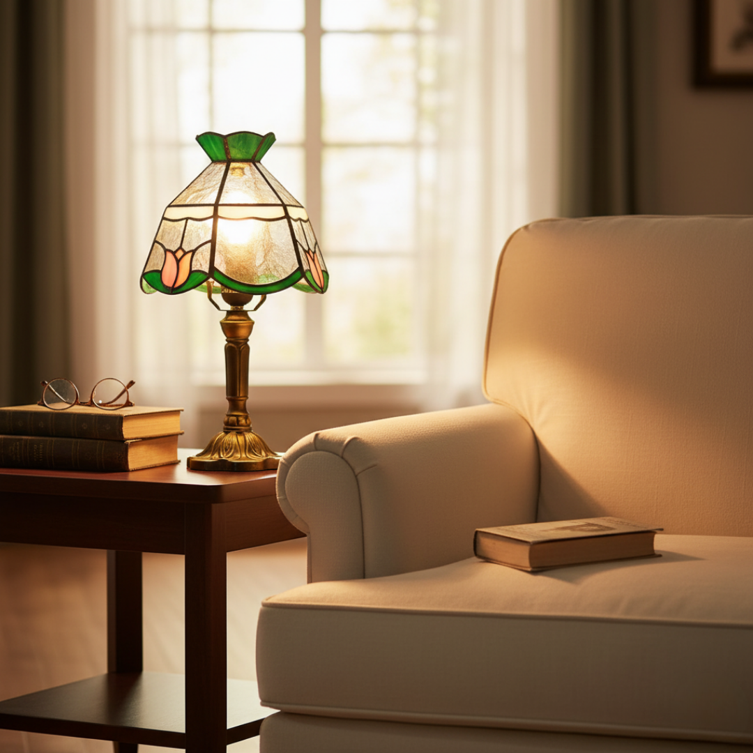Mysterious Rose stained-glass lamp glowing on a side table beside a cream armchair