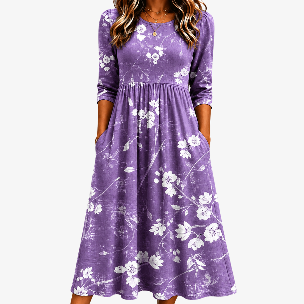 Lavender floral pocket midi dress in purple with white blossom print, front view