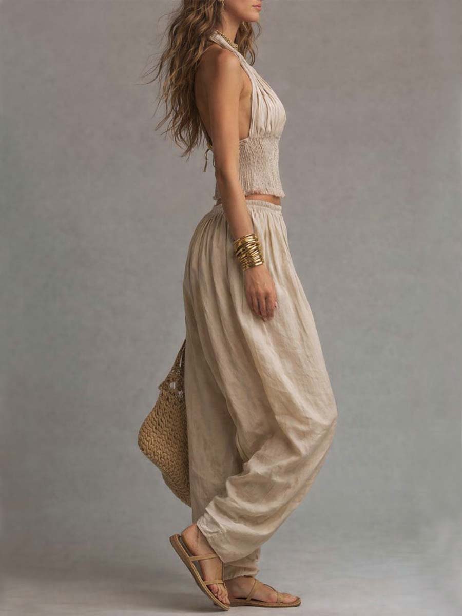 Danna two-piece set in beige, side view showing harem trousers