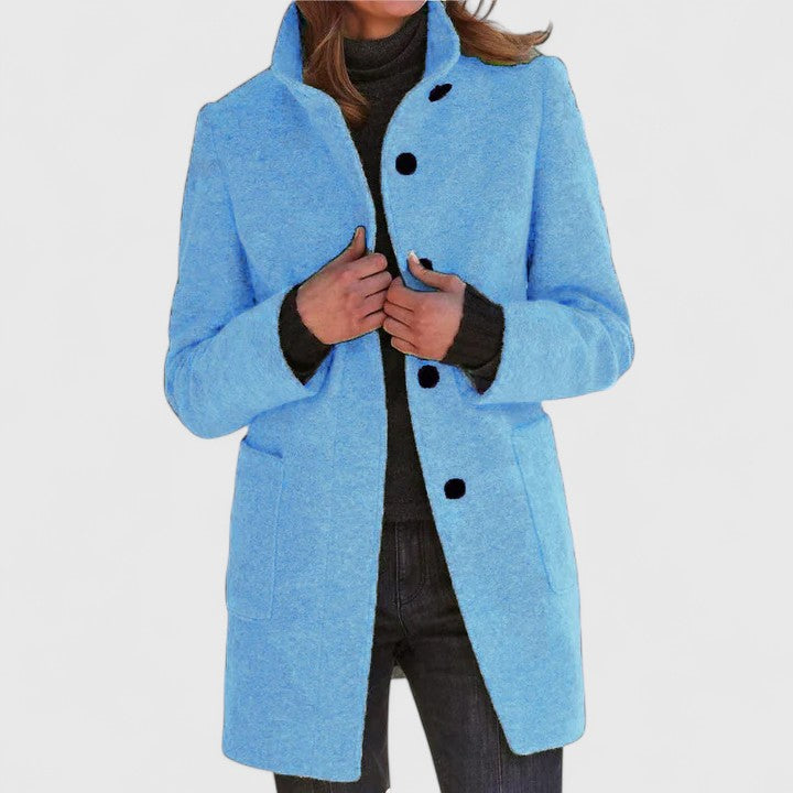 Harriette elegant coat in light blue, full front view