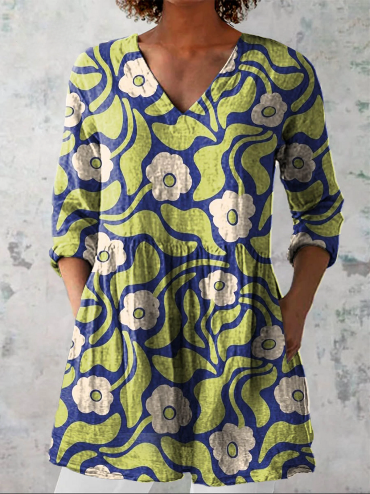 Elodie long V-neck blouse in blue and green floral print, front view