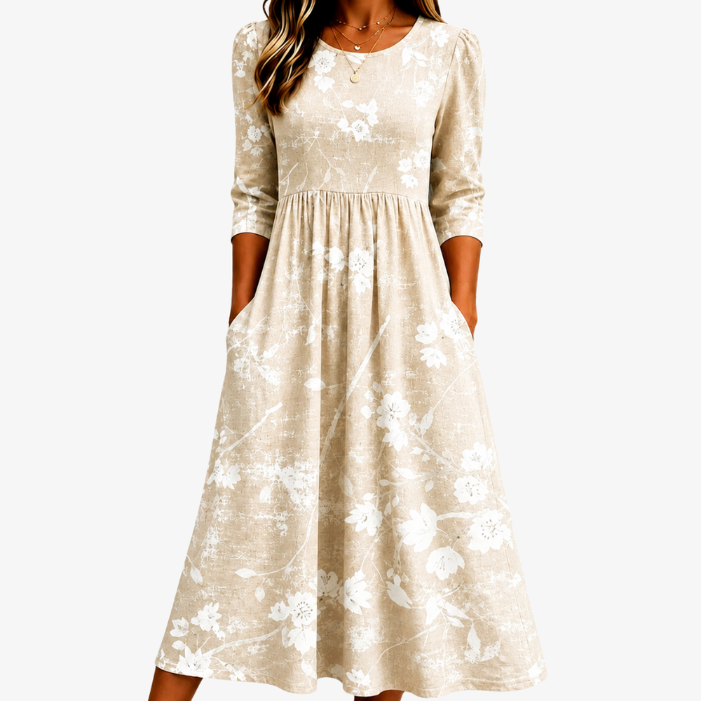 Soft Meadow Blossom midi dress in beige with white floral print, front view with pockets