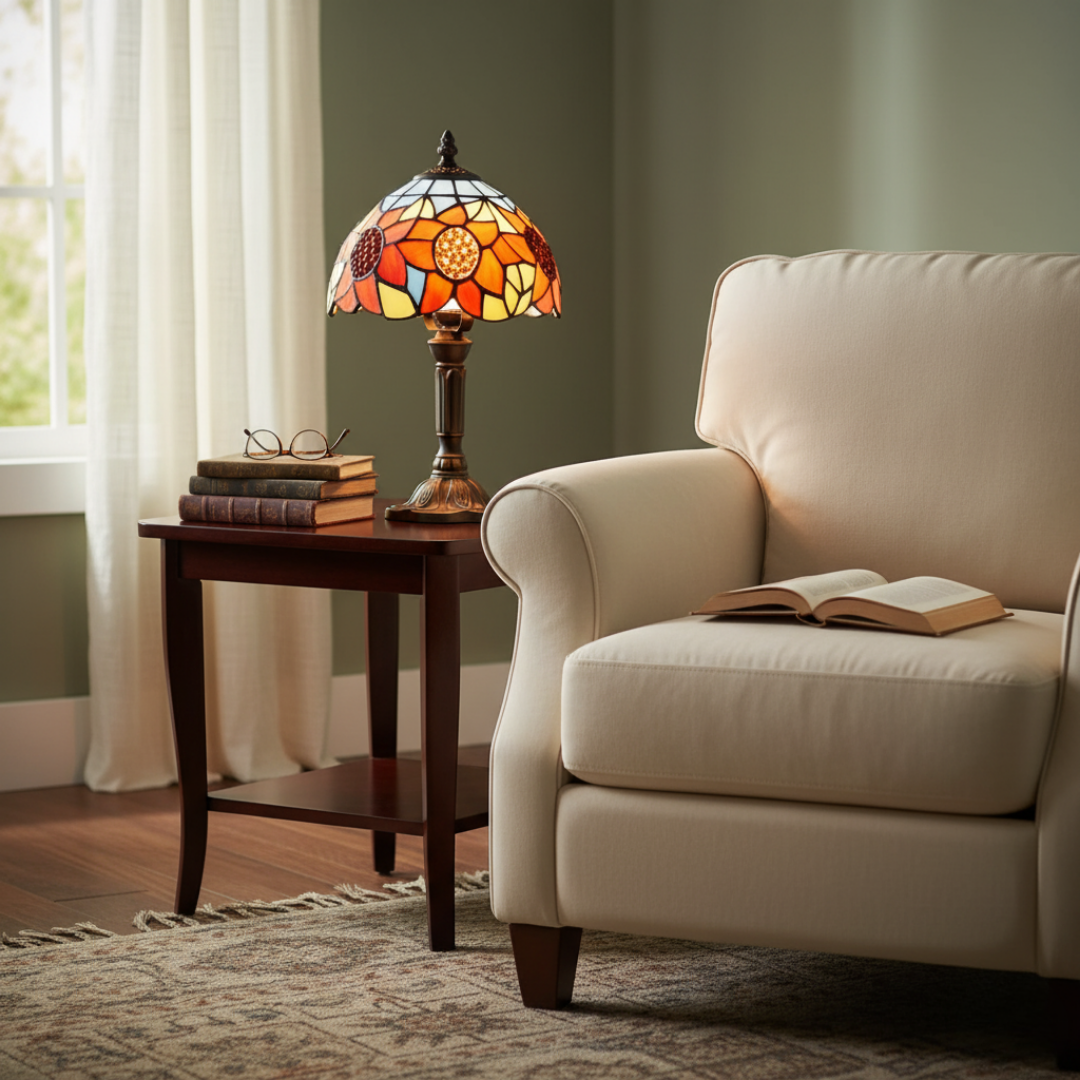 Sunflowers stained-glass lamp on a side table next to a cream armchair