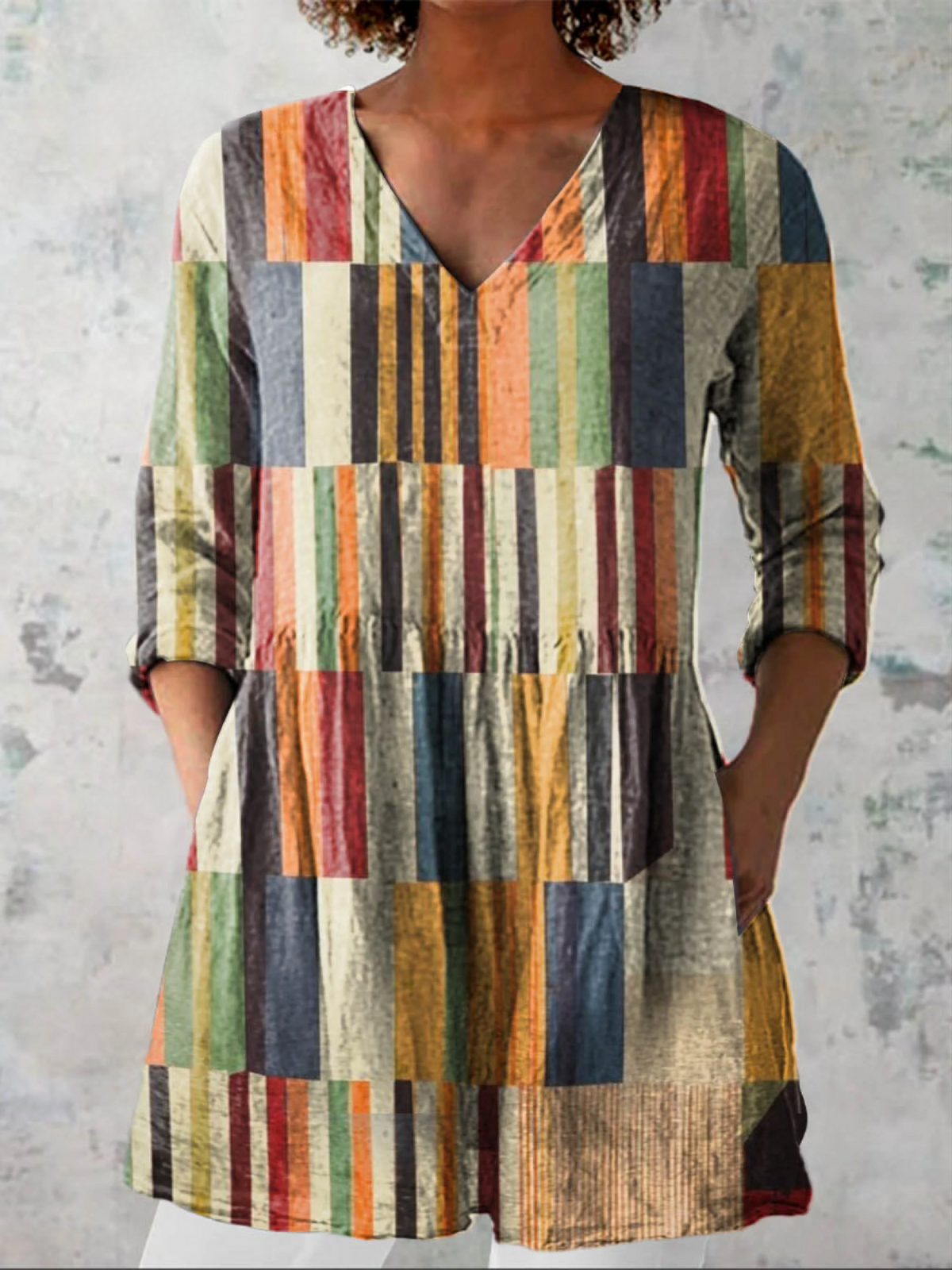 Chloe long V-neck blouse in multicoloured patchwork stripes, front view