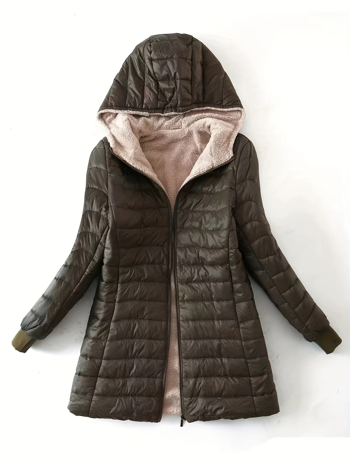 Lunera quilted hooded jacket in military green, laid flat front view