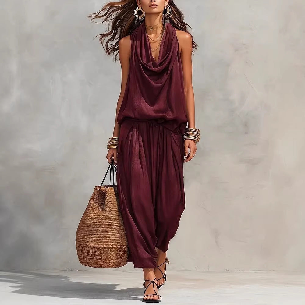 Demetria draped two-piece set in wine red, front view