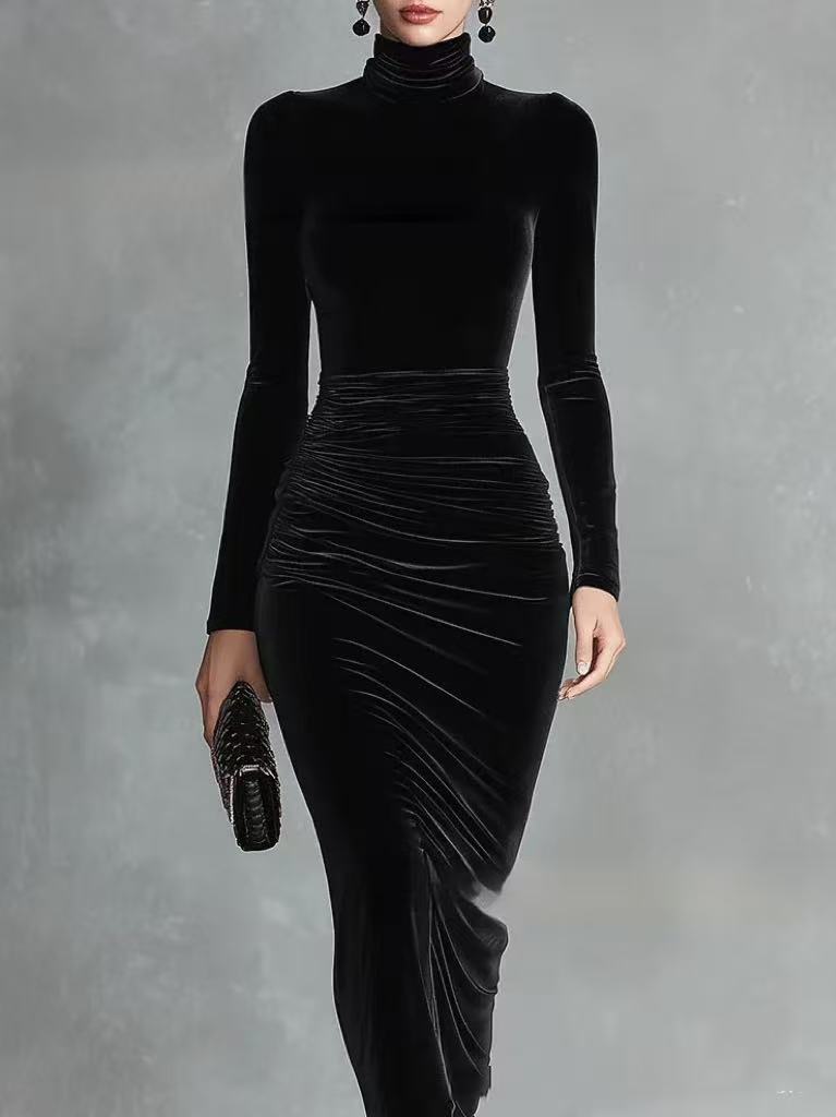 Sophia black velvet dress in black, three-quarter view showing draped skirt