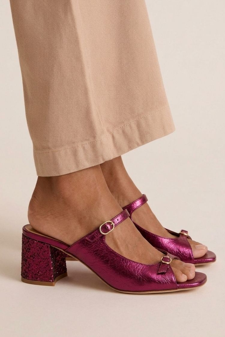 Valentina heeled sandals in fuchsia with glitter heel, side view