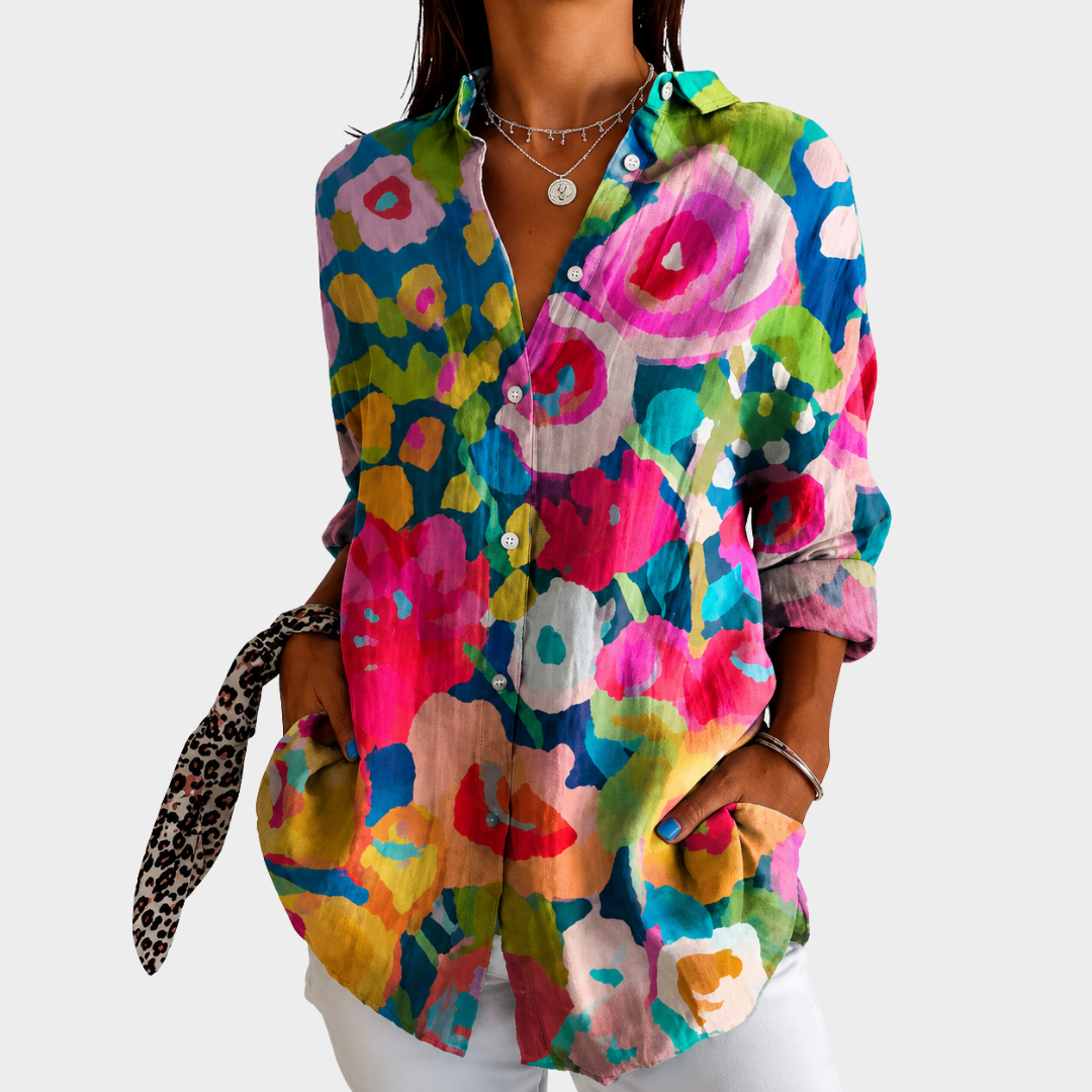 Painted Garden blouse in multicolour floral print, front view worn with white trousers
