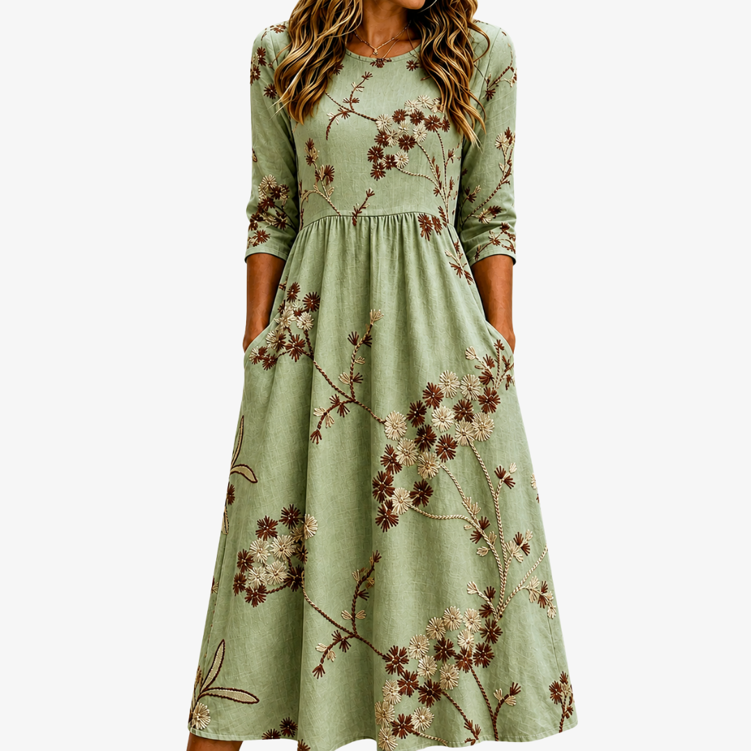 Sage green floral embroidered midi dress with pockets, full-length front view