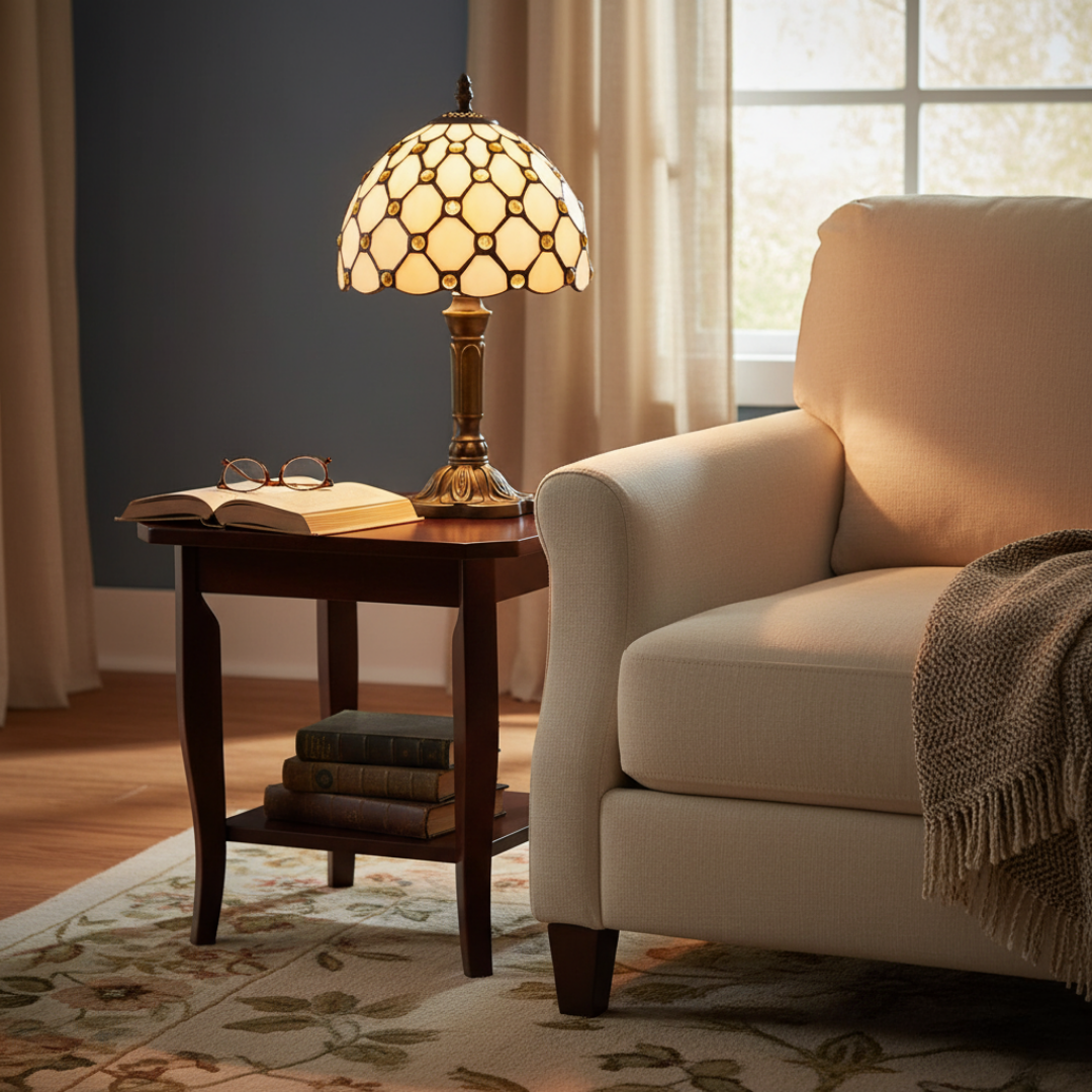 Golden Turtle lamp lit on a side table beside an armchair and books