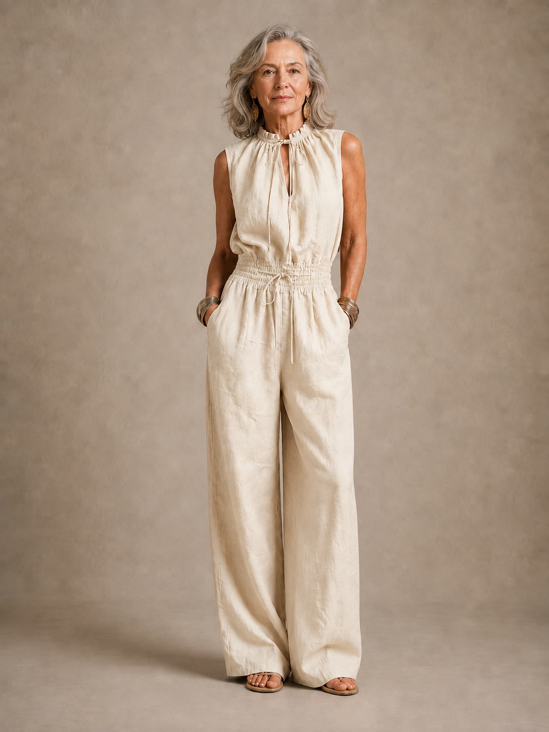 Zenaide wide-leg jumpsuit in cream, full-length front view
