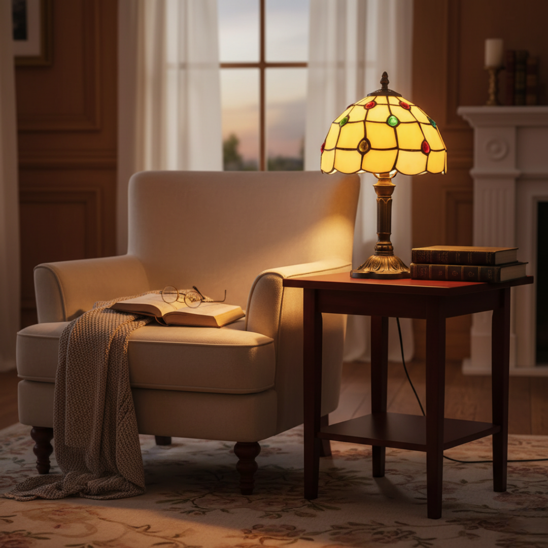 Golden Diamonds stained-glass lamp on a side table beside a cream armchair