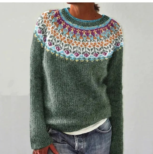 Aurielle vintage knit sweater in blue-green with floral patterned yoke, front view