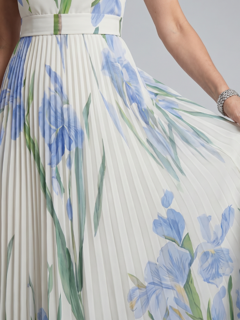 Ophelia dress skirt detail showing blue iris print and waistband